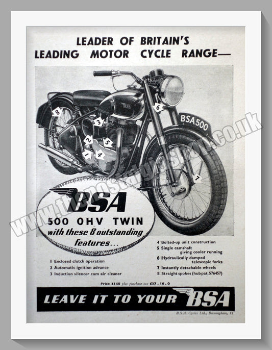 BSA 500 O.H.V Twin Motorcycle. Original Advert 1949 (ref AD57119)