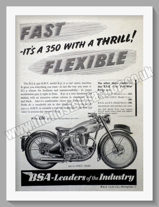 BSA 350cc O.H.V  Motorcycle. Original Advert 1945 (ref AD57120)