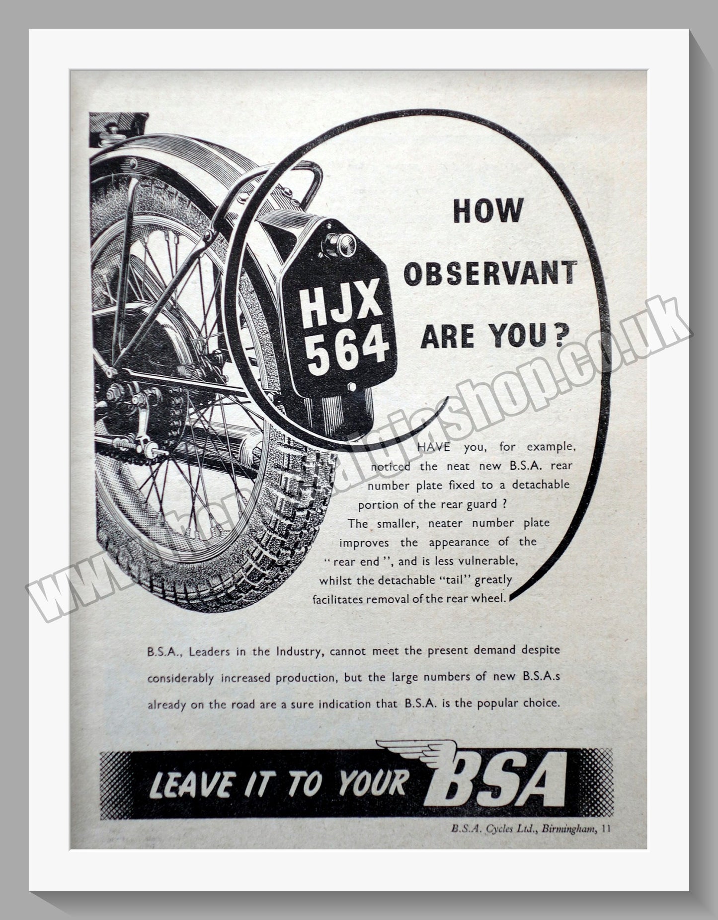 BSA Motorcycle. Original Advert 1946 (ref AD57124)