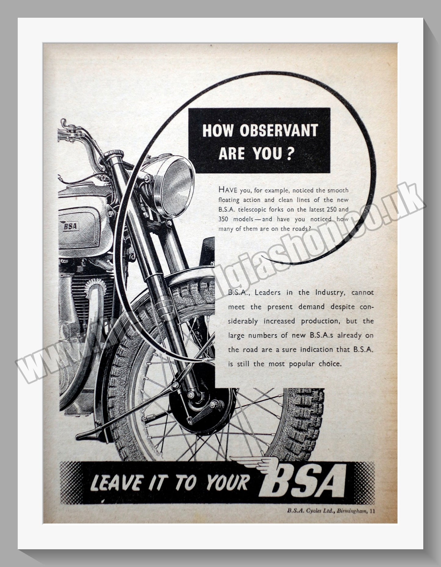 BSA Motorcycle. Original Advert 1946 (ref AD57125)