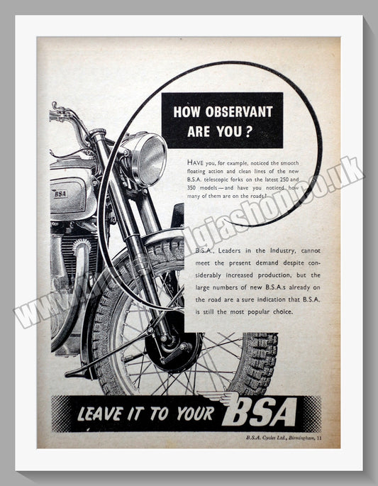 BSA Motorcycle. Original Advert 1946 (ref AD57125)