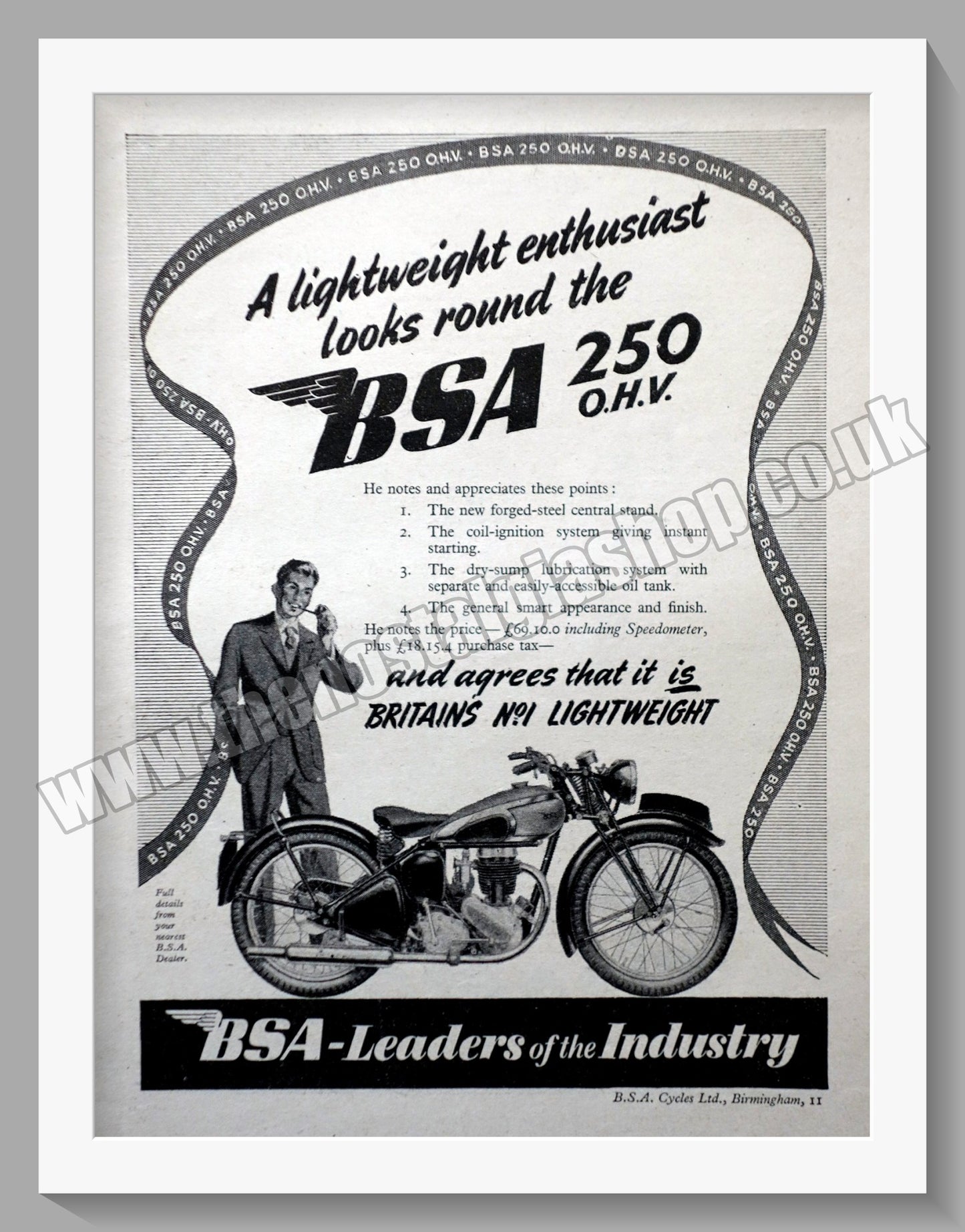 BSA 250 O.H.V Motorcycle. Original Advert 1946 (ref AD57126)