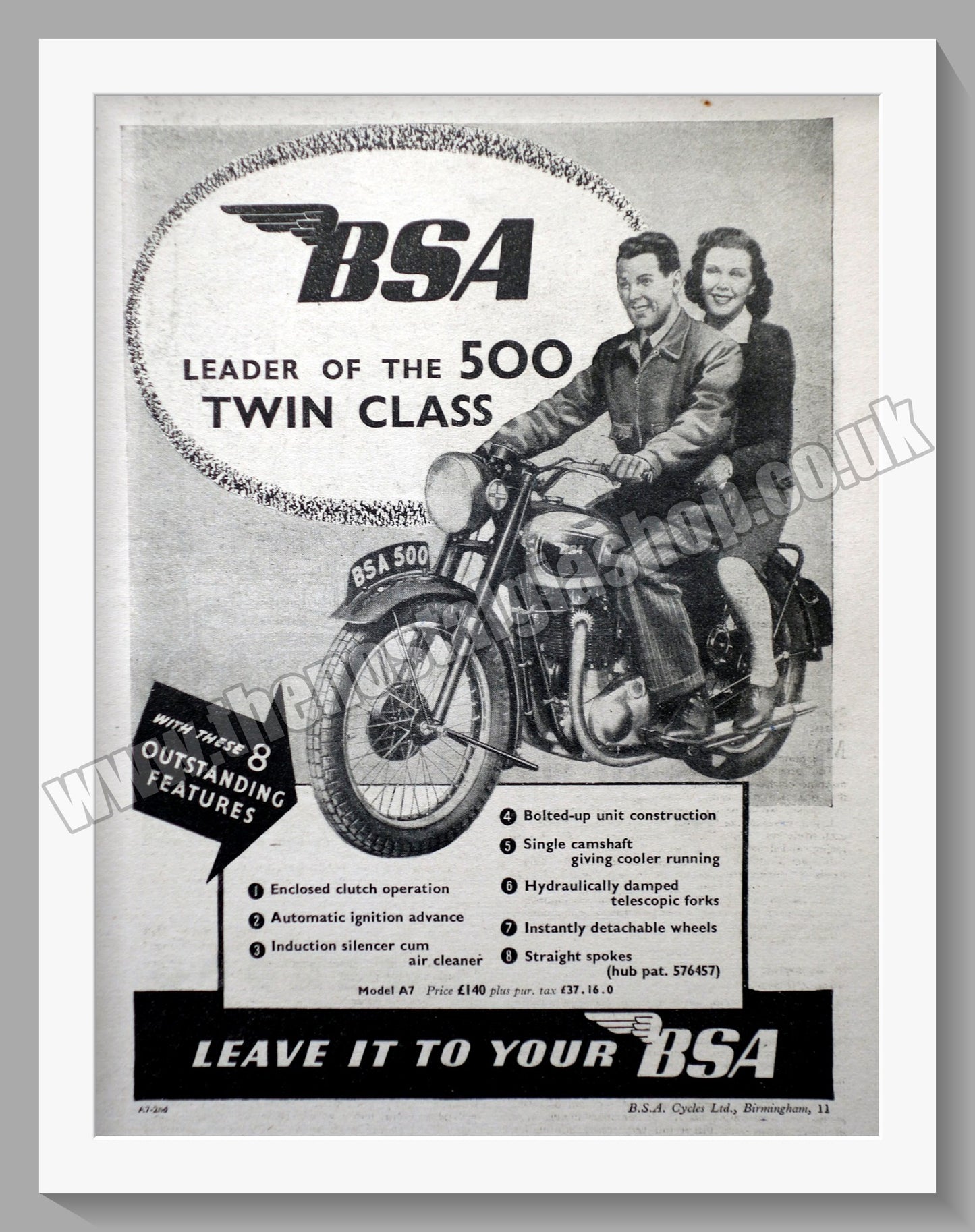 BSA 500 Twin Class Motorcycle. Original Advert 1948 (ref AD57128)