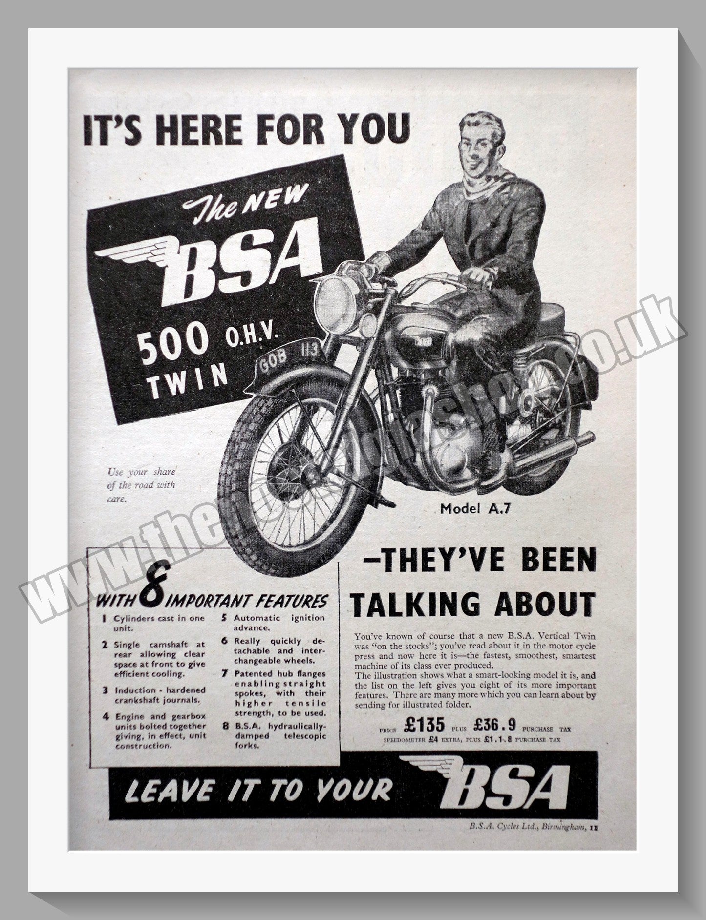 BSA 500  Twin Motorcycle. Original Advert 1947 (ref AD57129)