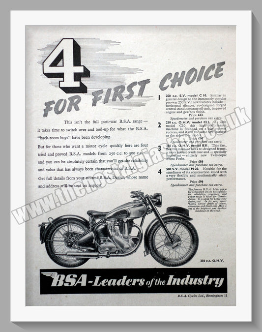 BSA 350cc O.H.V Motorcycle. Original Advert 1945 (ref AD57130)