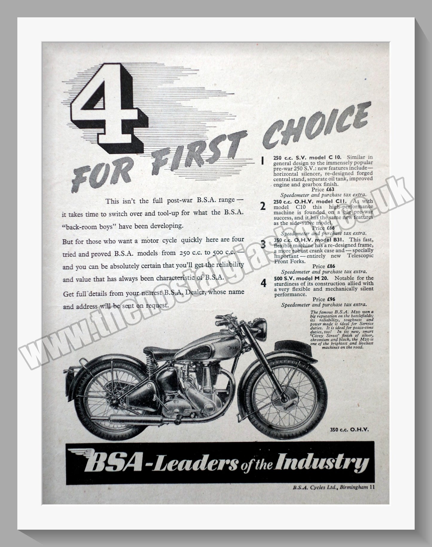 BSA 350cc O.H.V Motorcycle. Original Advert 1945 (ref AD57130)