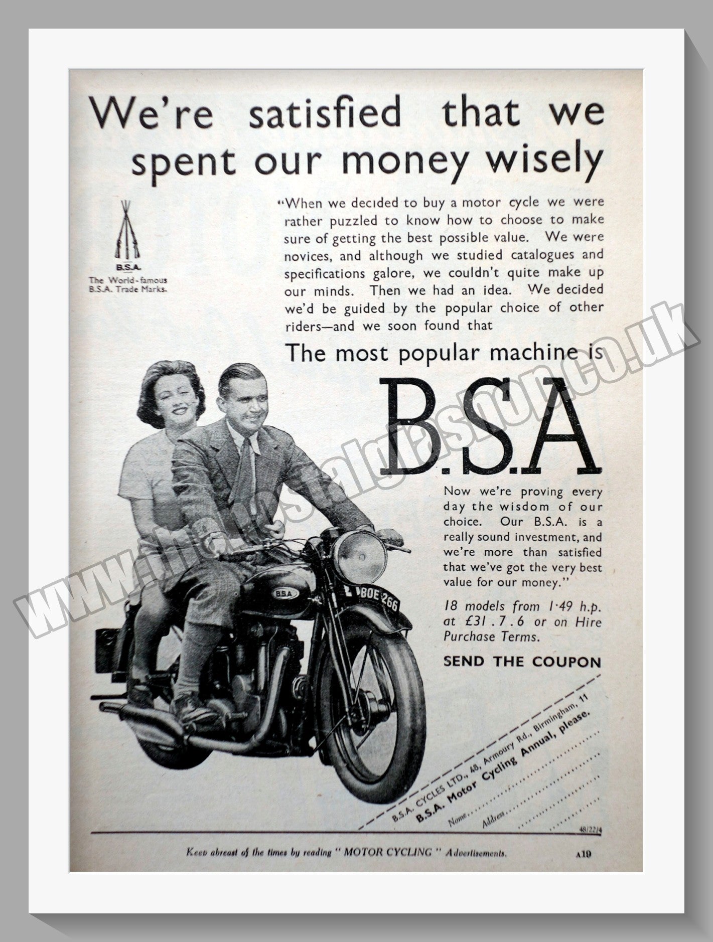 BSA Motorcycle. Original Advert 1936 (ref AD57134)