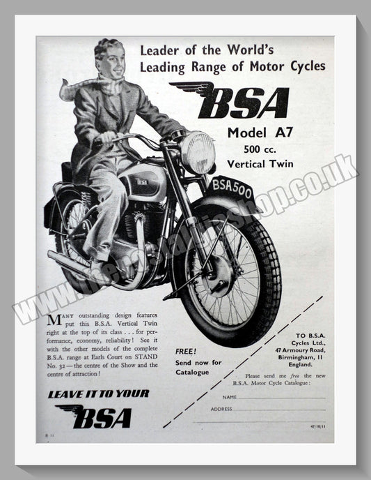BSA A7 500cc Vertical Twin Motorcycle. Original Advert 1948 (ref AD57136)