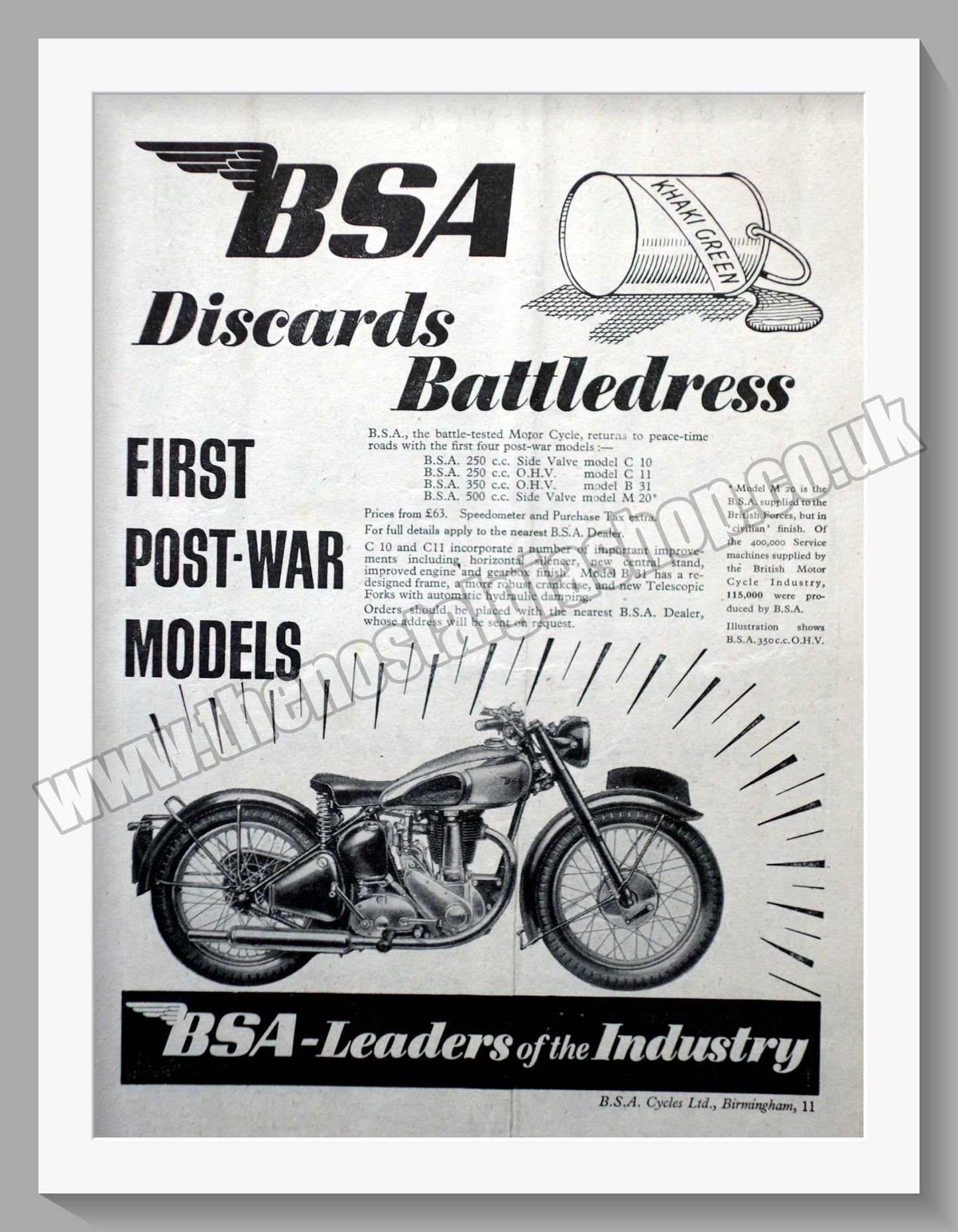 BSA First Post War Motorcycles. Original Advert 1945 (ref AD57142)