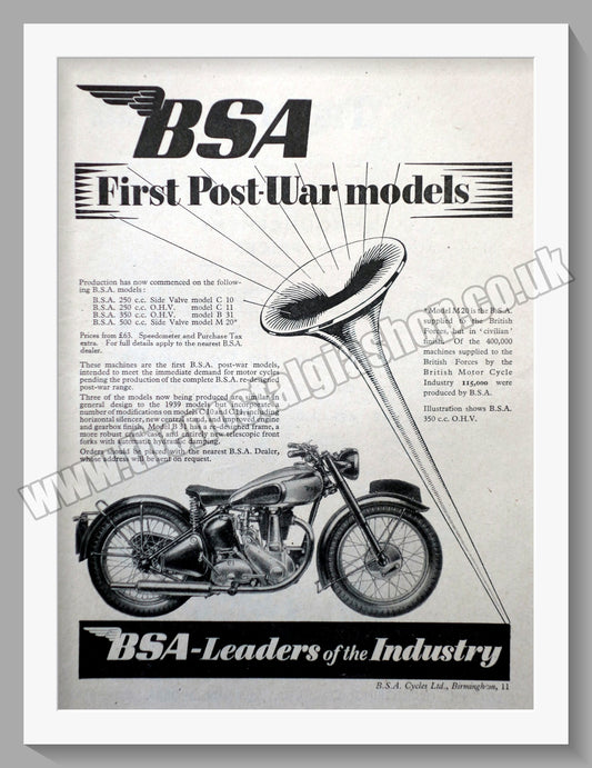 BSA First Post War Motorcycles. Original Advert 1945 (ref AD57143)