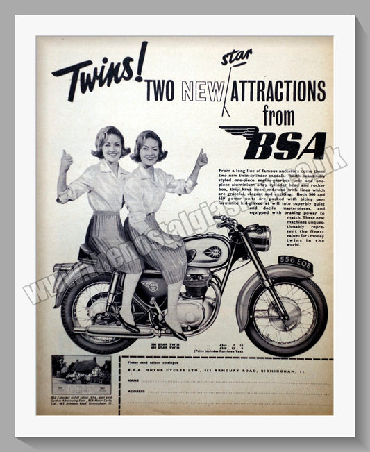 BSA Twin Motorcycle. Original Advert 1956 (ref AD57192)
