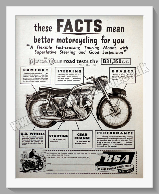 BSA B31,350cc Motorcycle Road Test. Original Advert 1954 (ref AD57195)