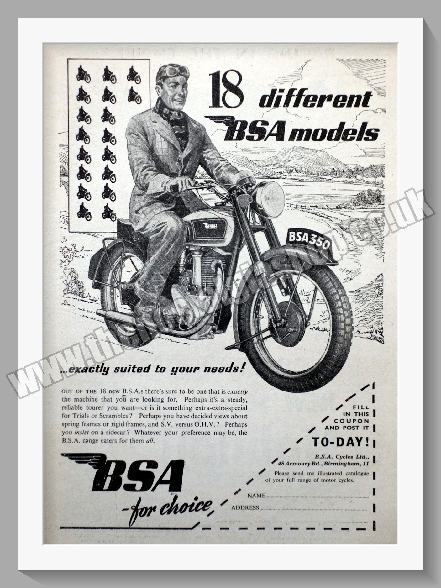 BSA 350 Motorcycle. Original Advert 1950 (ref AD57196)