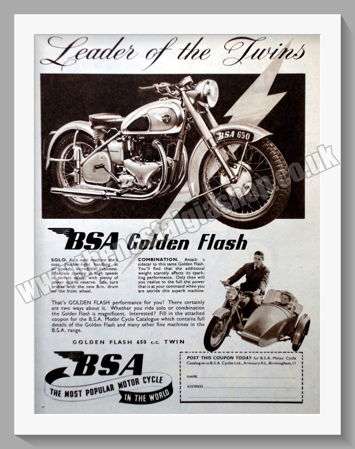 BSA 650cc Twin Motorcycle. Original Advert 1950 (ref AD57203)