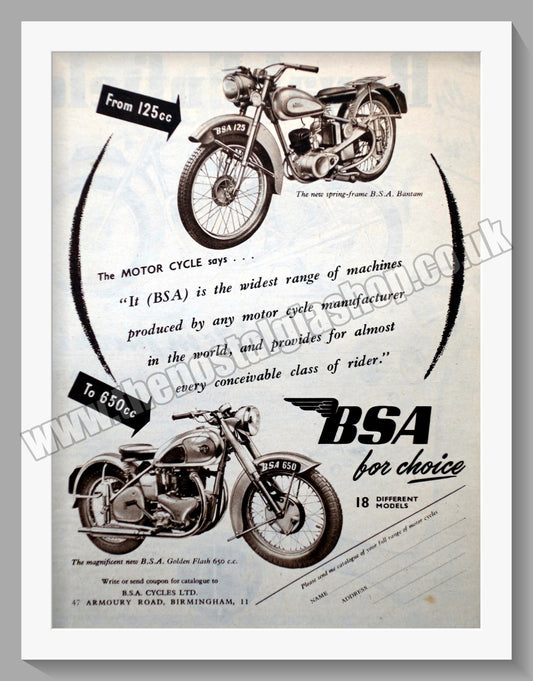 BSA 125cc To 650cc Motorcycle. Original Advert 1950 (ref AD57204)