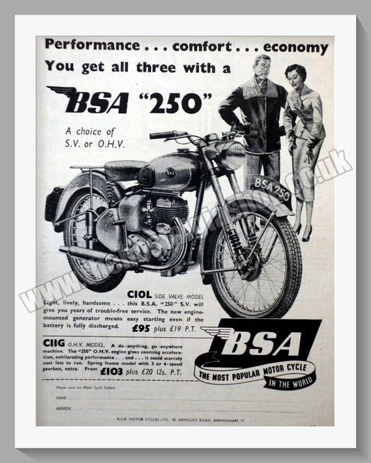 BSA 250 Motorcycle. Original Advert 1954 (ref AD57240)