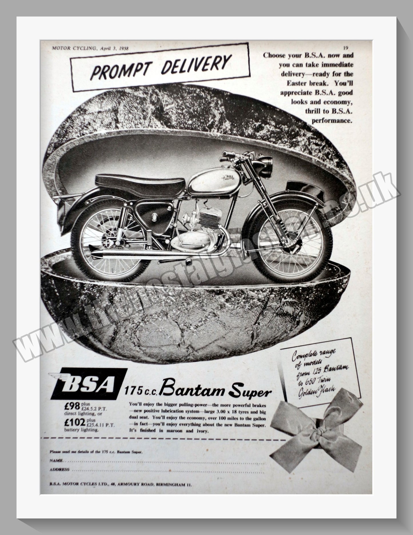 BSA 175cc Bantam Super Motorcycle. Original Advert 1958 (ref AD57268)