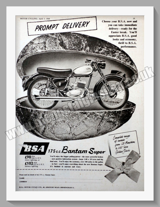BSA 175cc Bantam Super Motorcycle. Original Advert 1958 (ref AD57268)