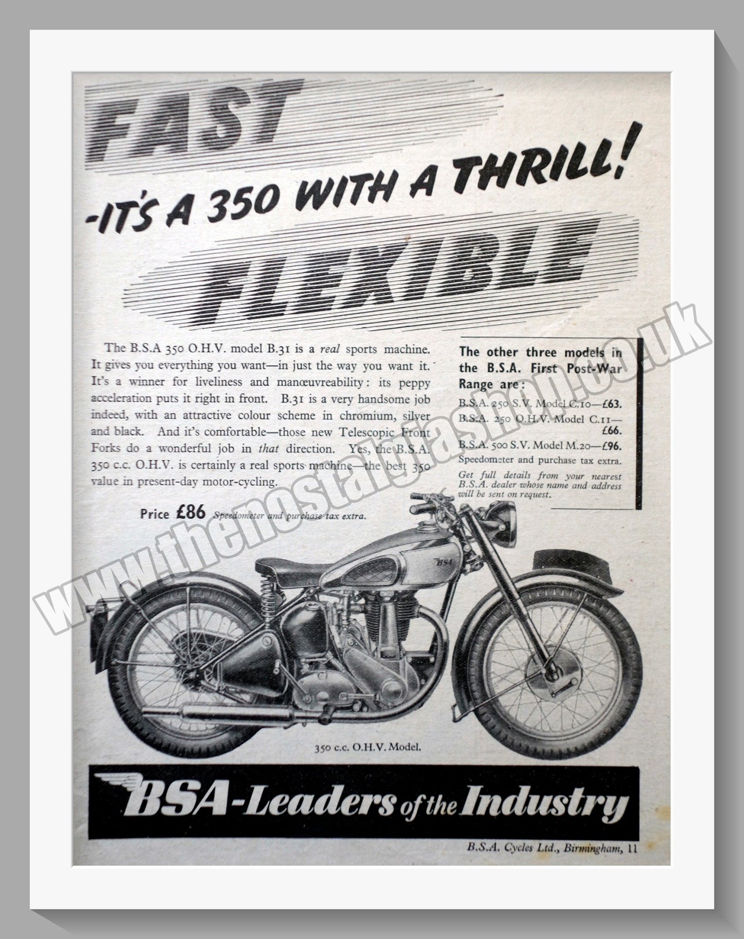 BSA 350cc O.H.V. Motorcycle. Original Advert 1945 (ref AD57273)