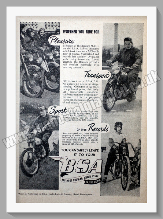BSA Motorcycle Range. Original Advert 1952 (ref AD57279)
