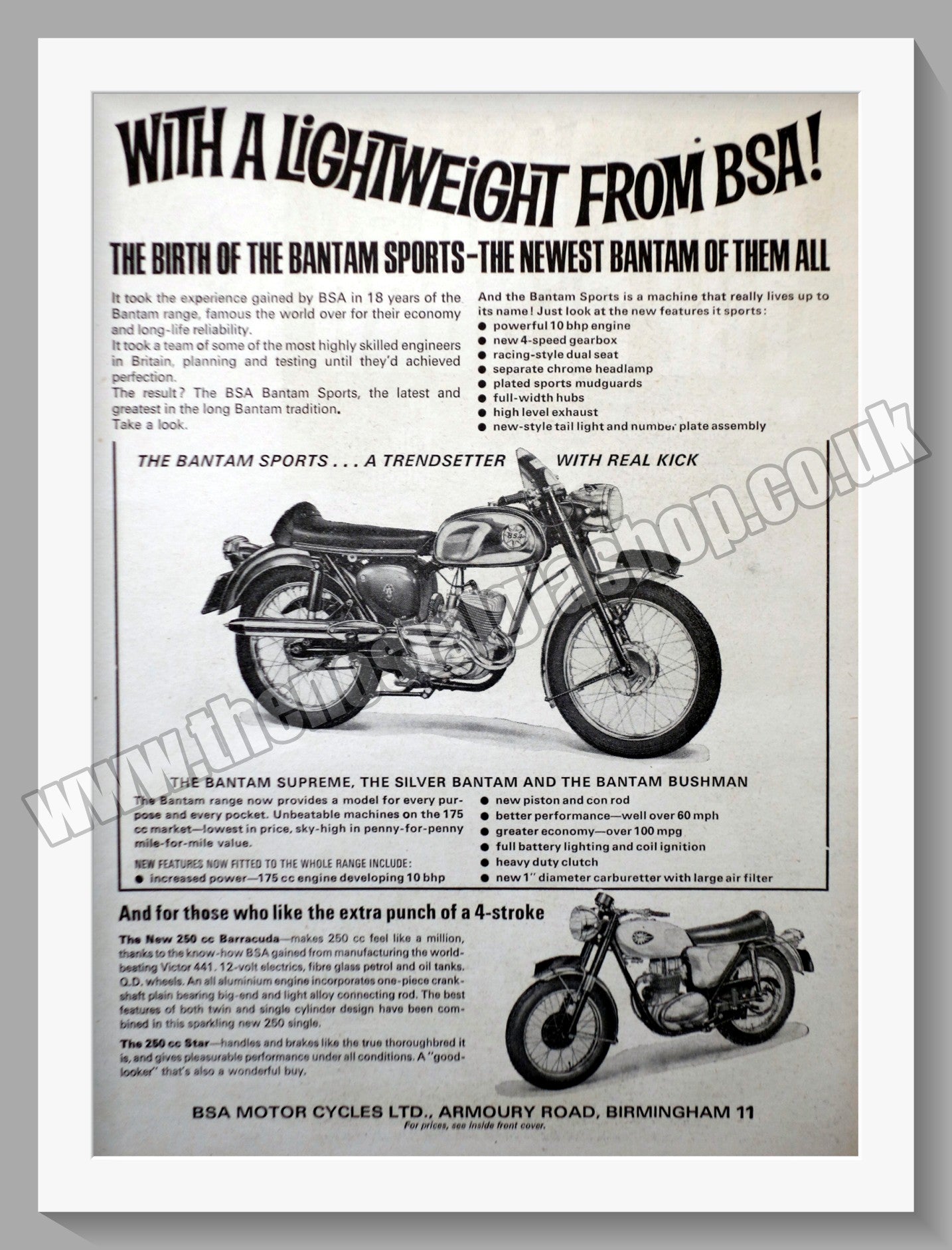 BSA Bantam Motorcycle. Original Advert 1966 (ref AD57285)