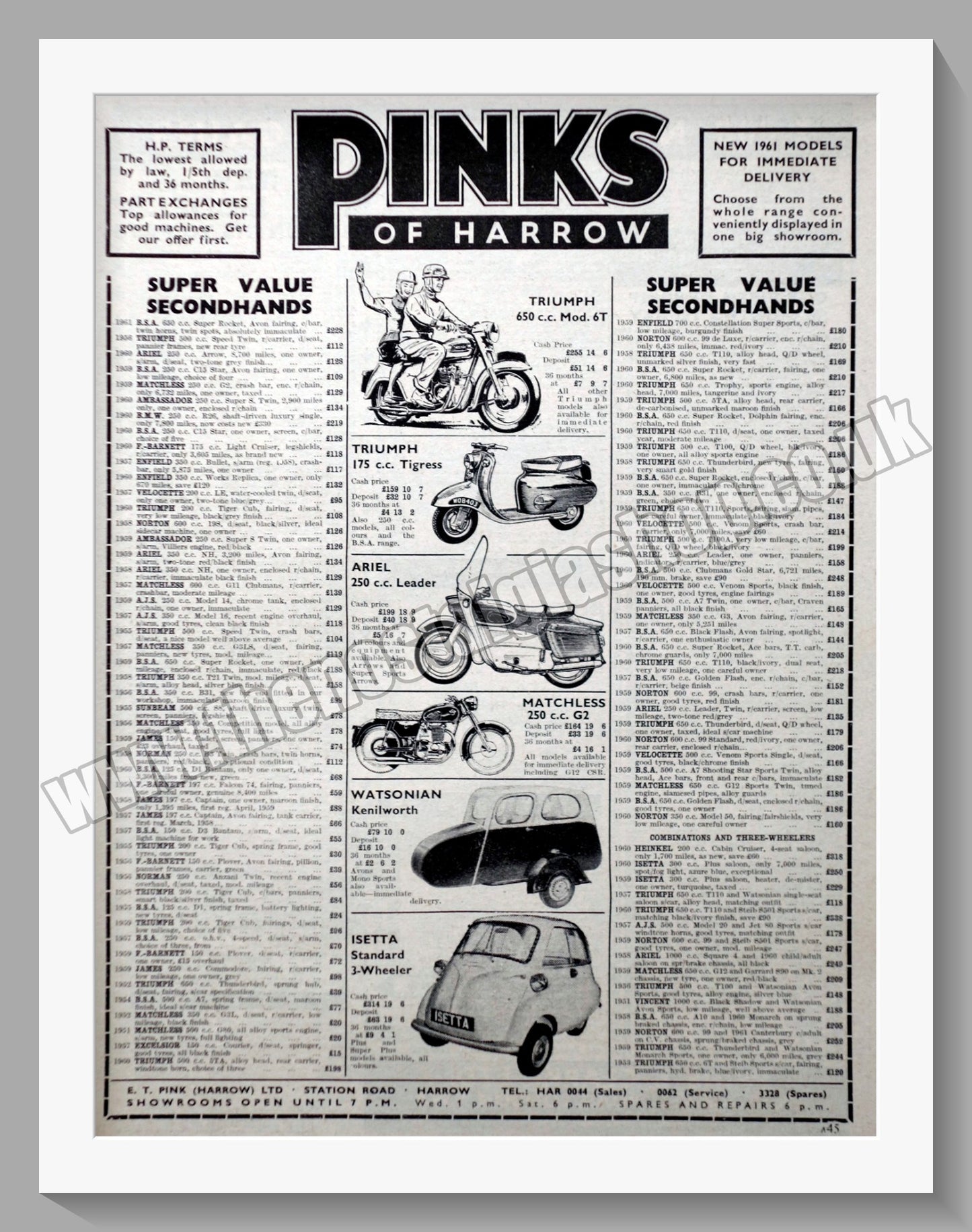 Pinks Of Harrow Motorcycle Dealerships. Original Advert 1961 (ref AD57303)