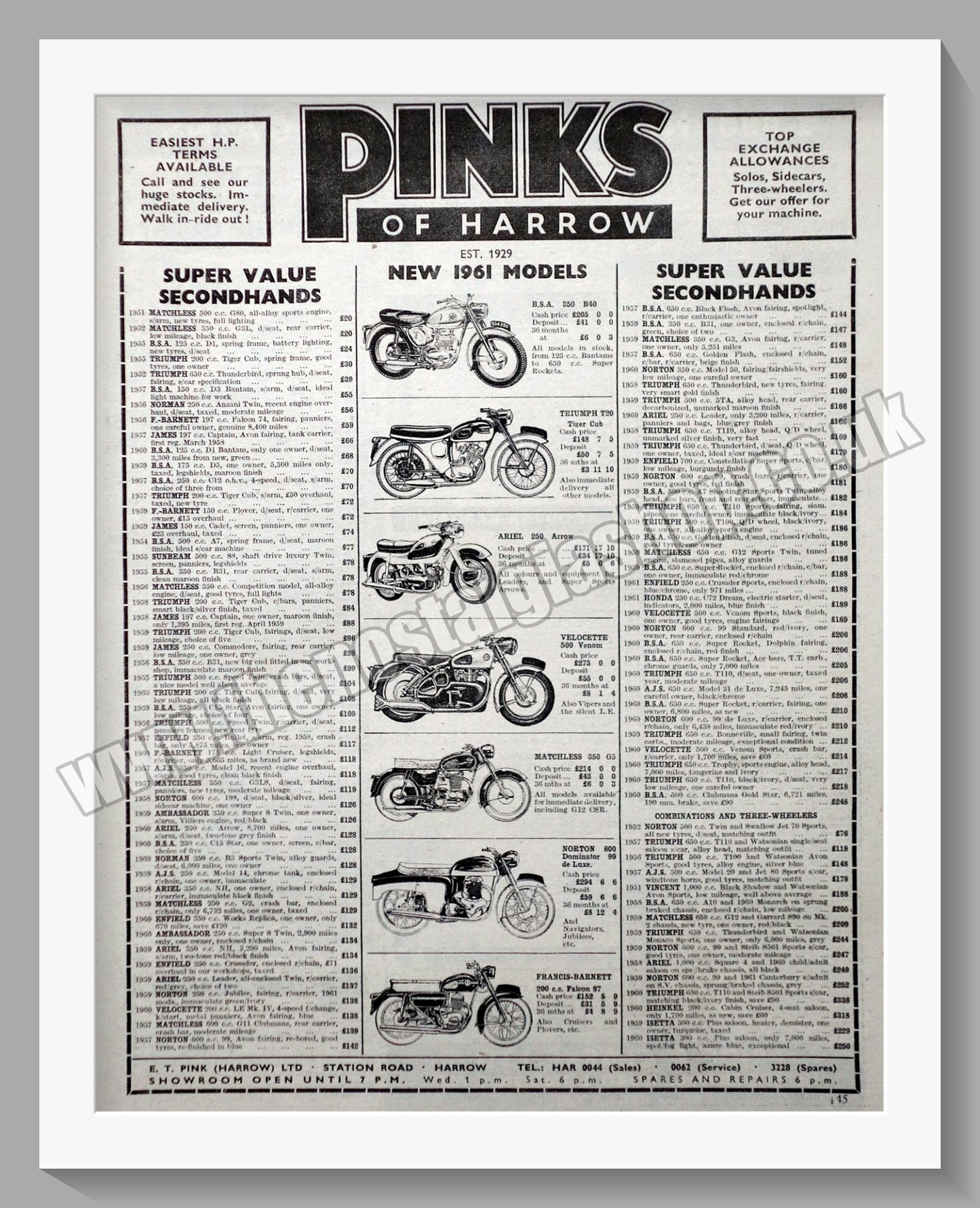 Pinks Of Harrow Motorcycle Dealerships. Original Advert 1961 (ref AD57305)