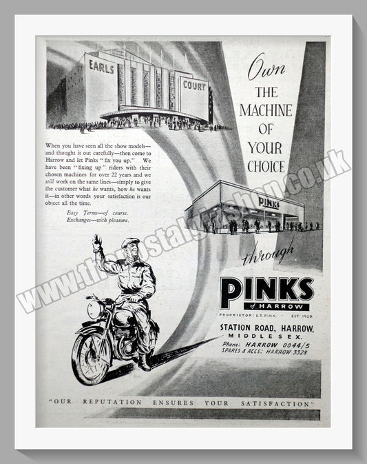 Pinks Of Harrow Motorcycle Dealerships. Original Advert 1951 (ref AD57307)