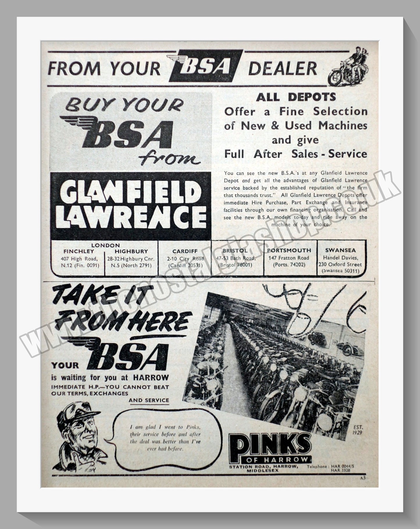 Pinks Of Harrow Motorcycle Dealerships. Original Advert 1955 (ref AD57308)