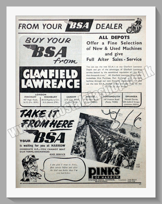 Pinks Of Harrow Motorcycle Dealerships. Original Advert 1955 (ref AD57308)
