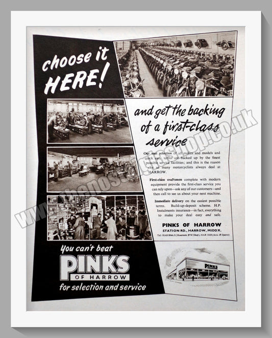 Pinks Of Harrow Motorcycle Dealerships. Original Advert 1955 (ref AD57309)