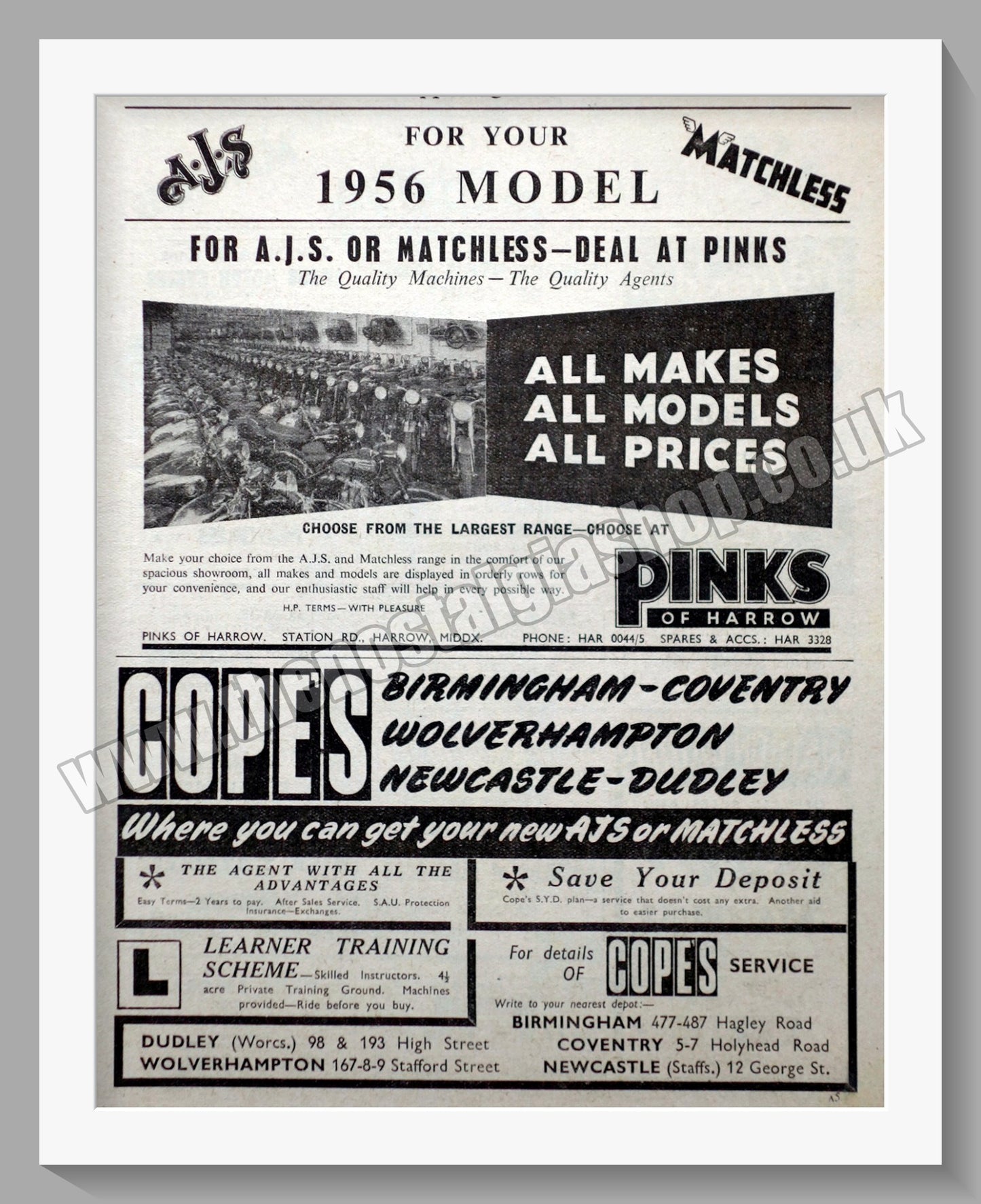 Pinks Of Harrow Motorcycle Dealerships. Original Advert 1955 (ref AD57286)