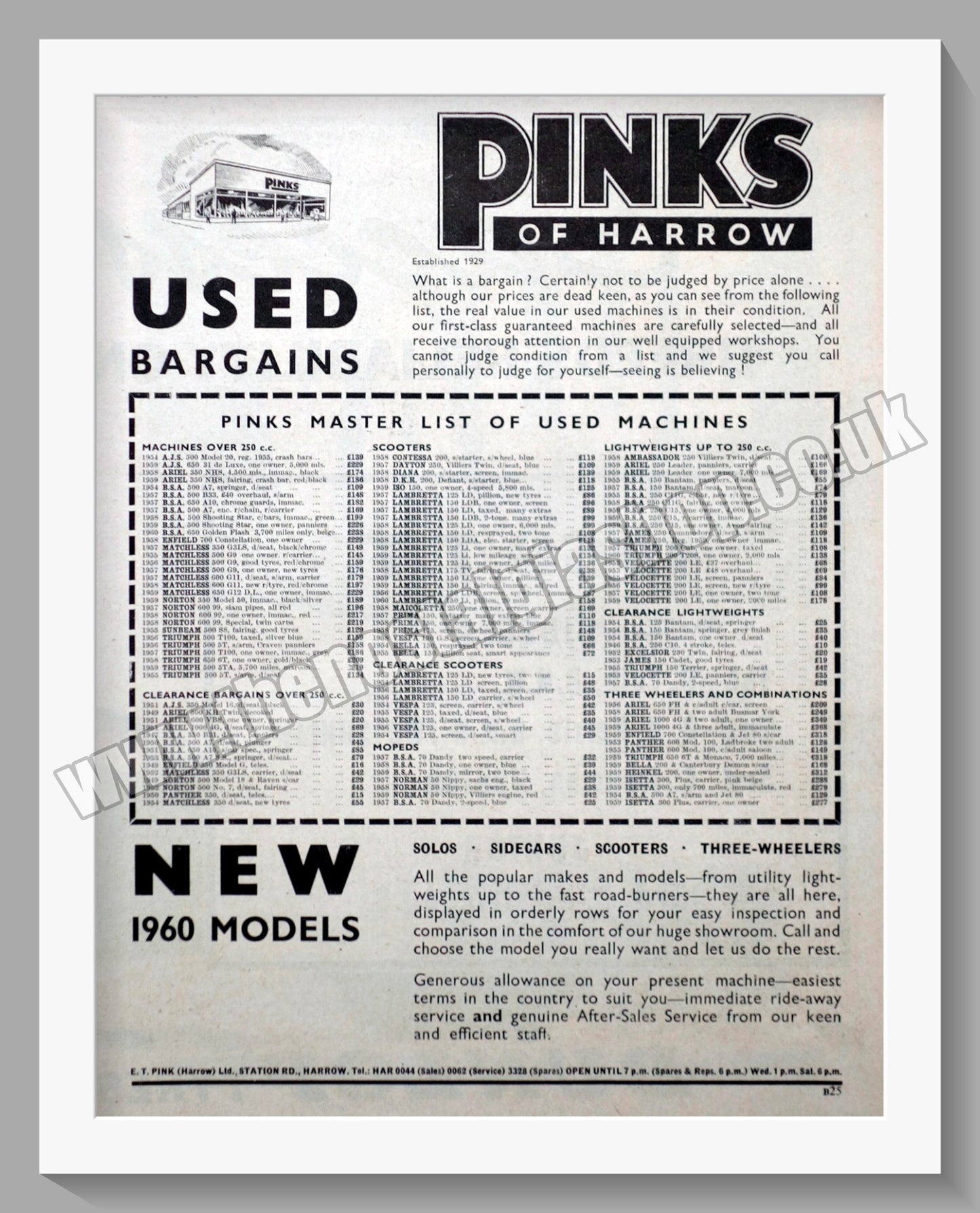 Pinks Of Harrow Motorcycle Dealerships. Original Advert 1960 (ref AD57289)