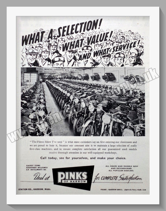 Pinks Of Harrow Motorcycle Dealerships. Original Advert 1954 (ref AD6569)