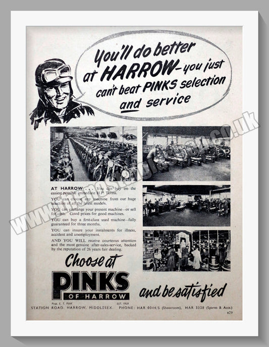 Pinks Of Harrow Motorcycle Dealerships. Original Advert 1956 (ref AD6600)