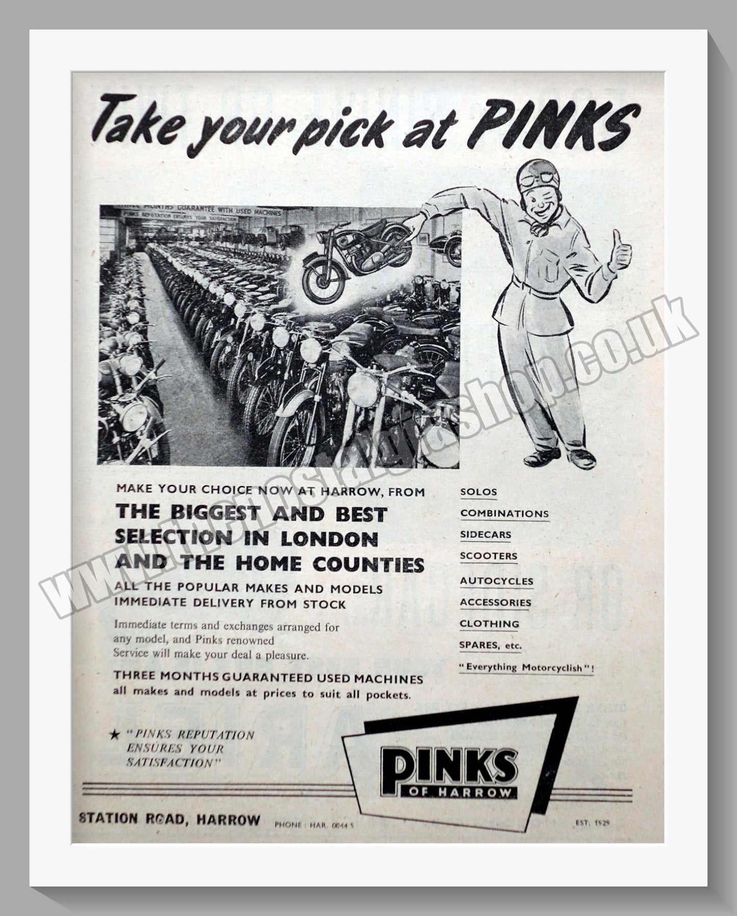 Pinks Of Harrow Motorcycle Dealerships. Original Advert 1955 (ref AD57291)