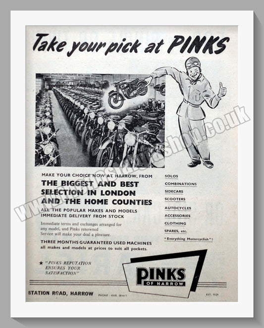 Pinks Of Harrow Motorcycle Dealerships. Original Advert 1955 (ref AD57291)