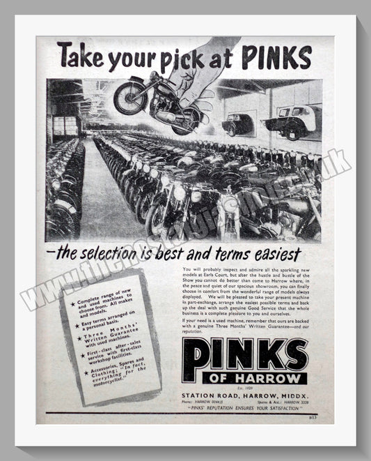 Pinks Of Harrow Motorcycle Dealerships. Original Advert 1953 (ref AD57292)