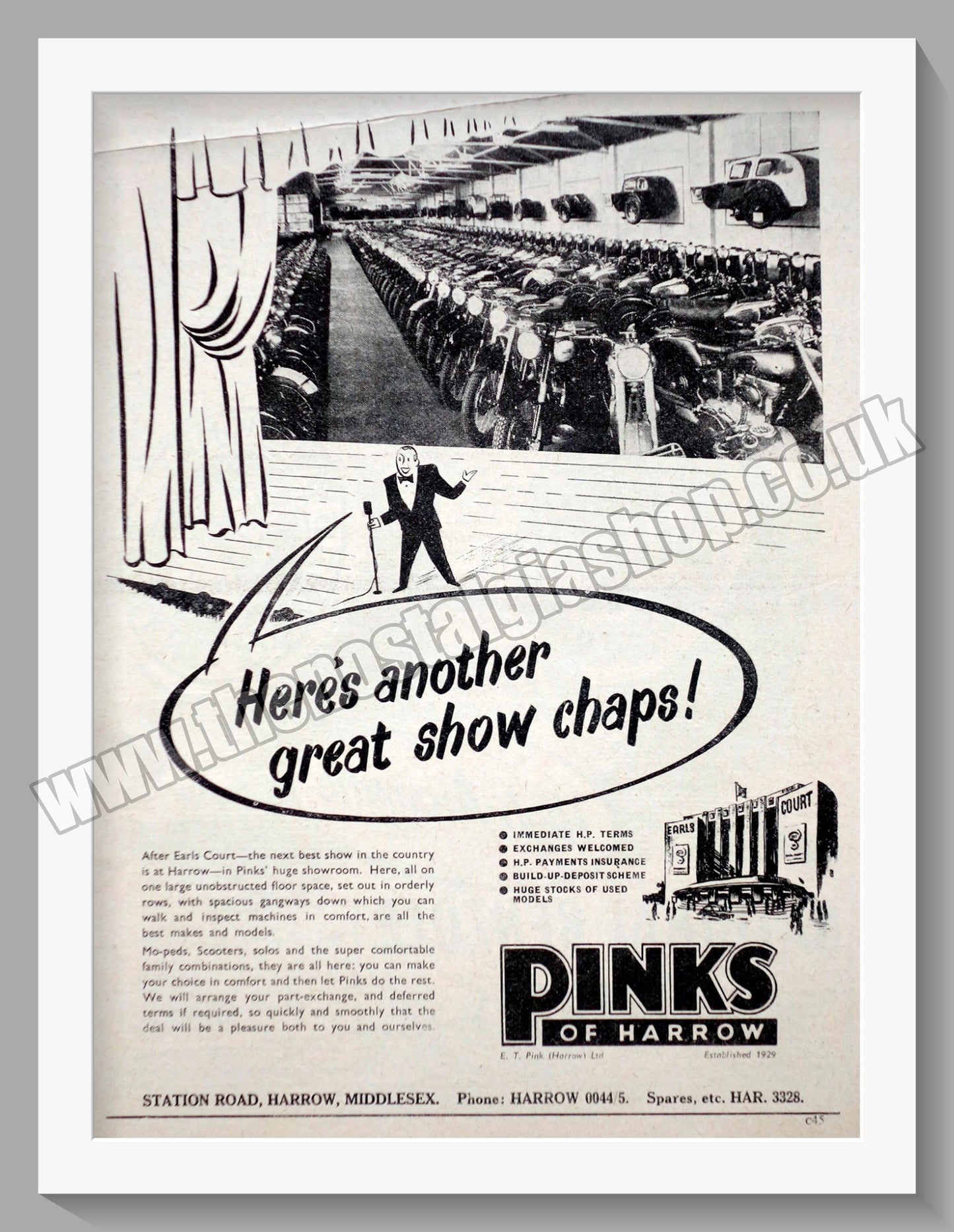 Pinks Of Harrow Motorcycle Dealerships. Original Advert 1953 (ref AD6601)
