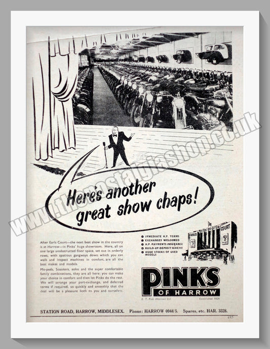 Pinks Of Harrow Motorcycle Dealerships. Original Advert 1953 (ref AD6601)