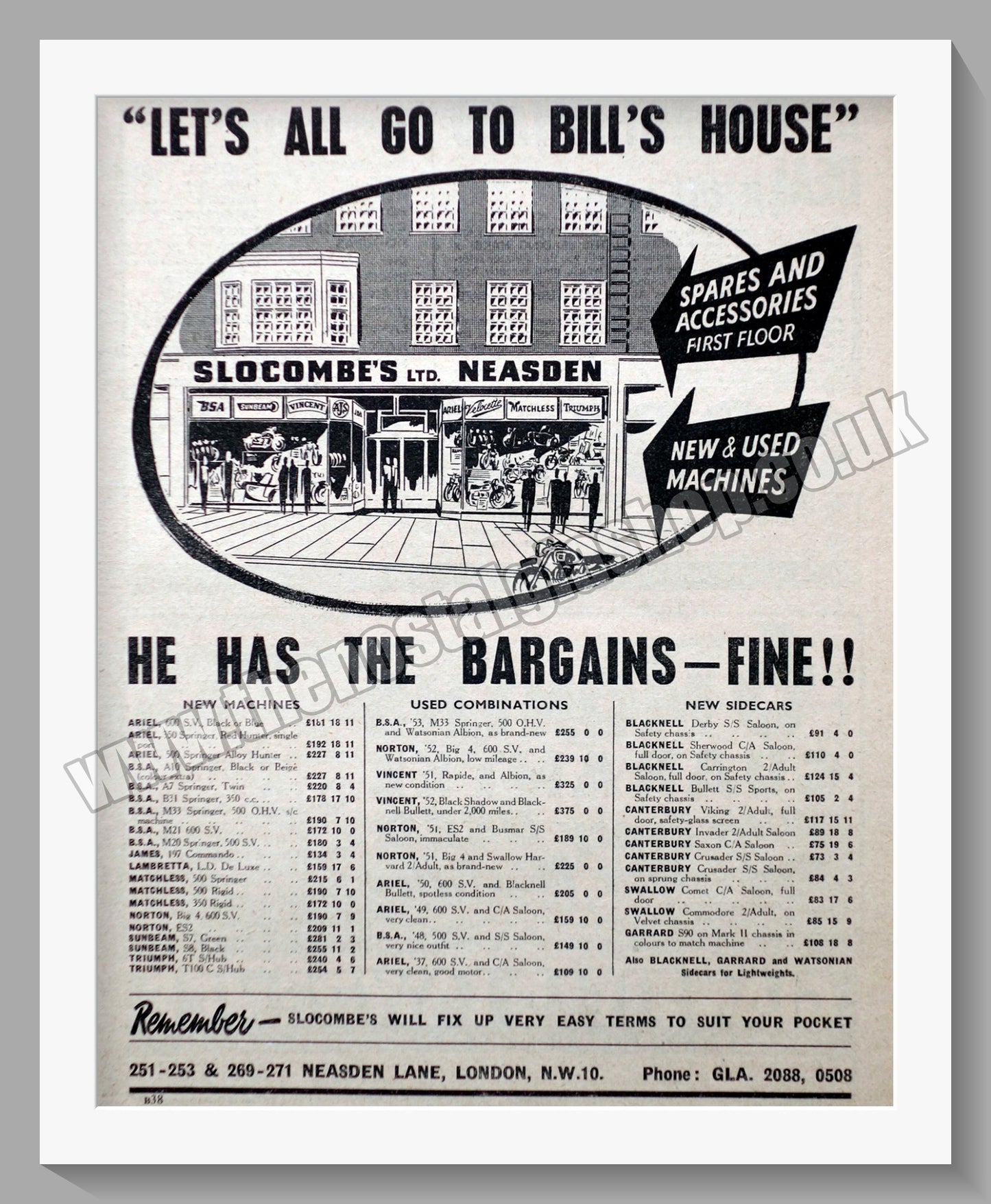 Slocombes of Neasden Motorcycle Dealerships. Original Advert 1953 (ref AD57299)