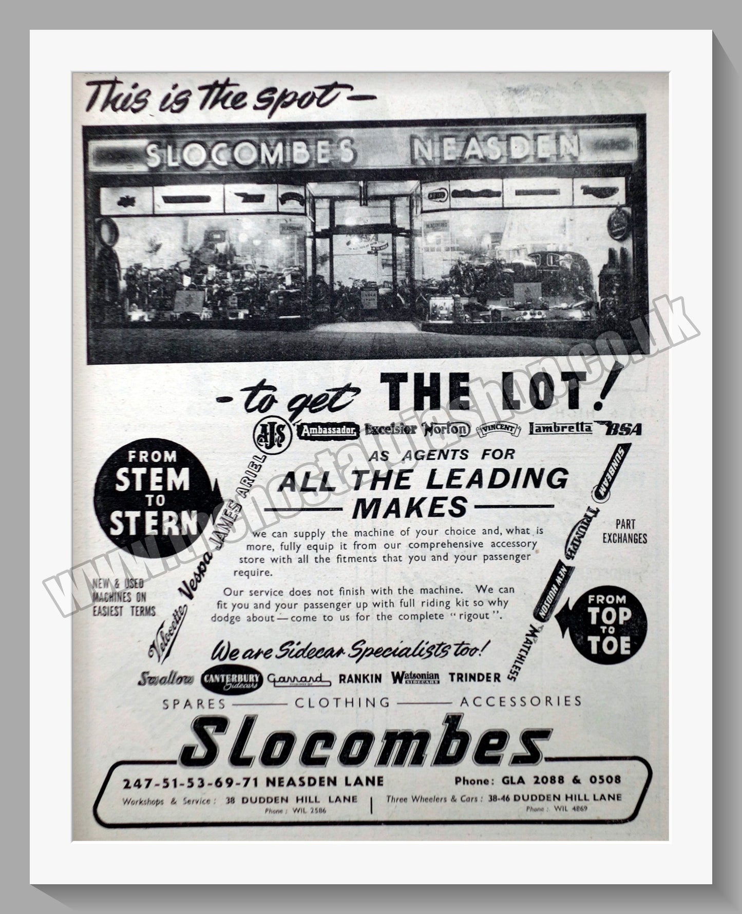 Slocombes of Neasden Motorcycle Dealerships. Original Advert 1953 (ref AD57313)