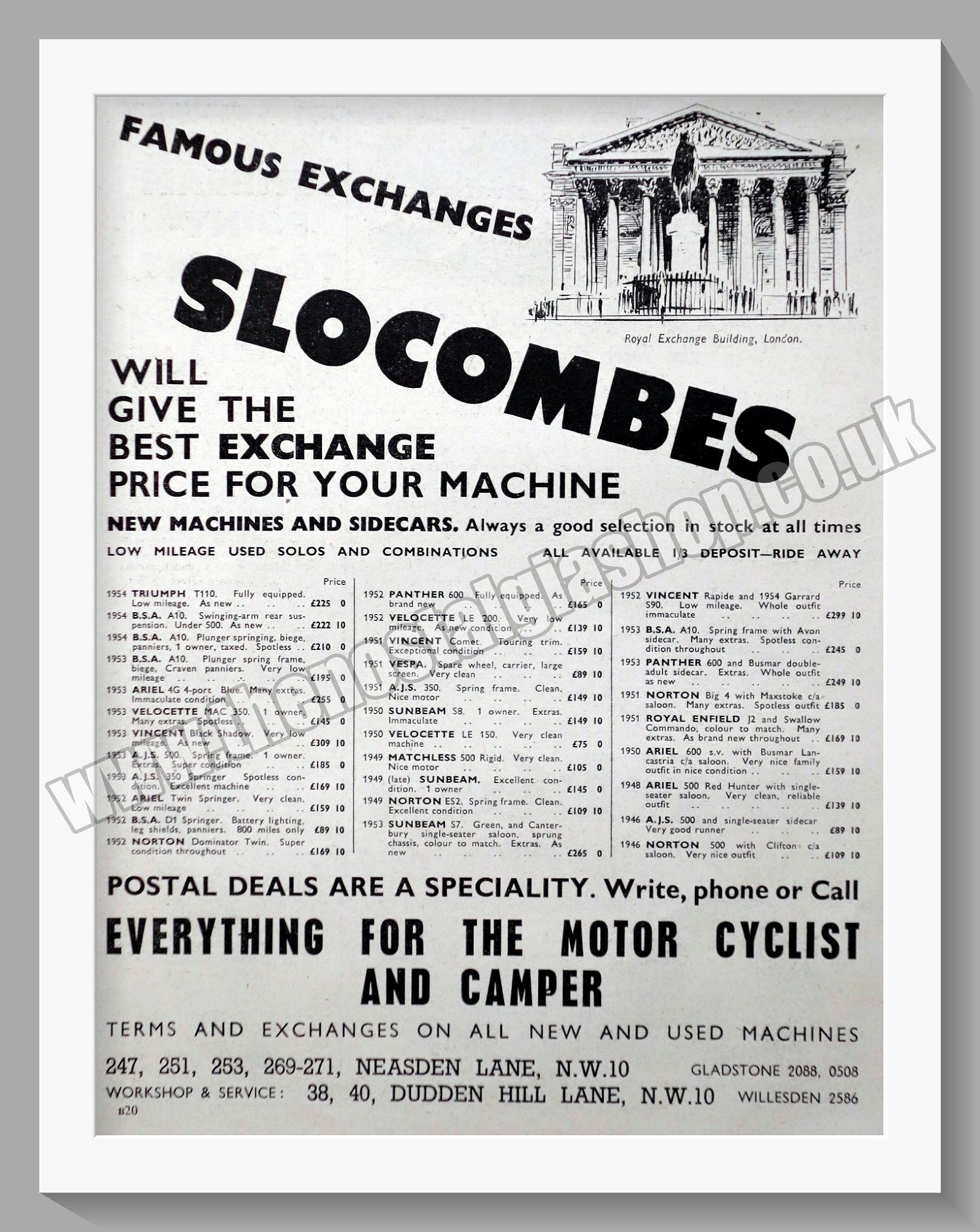 Slocombes of Neasden Motorcycle Dealerships. Original Advert 1954 (ref AD57314)