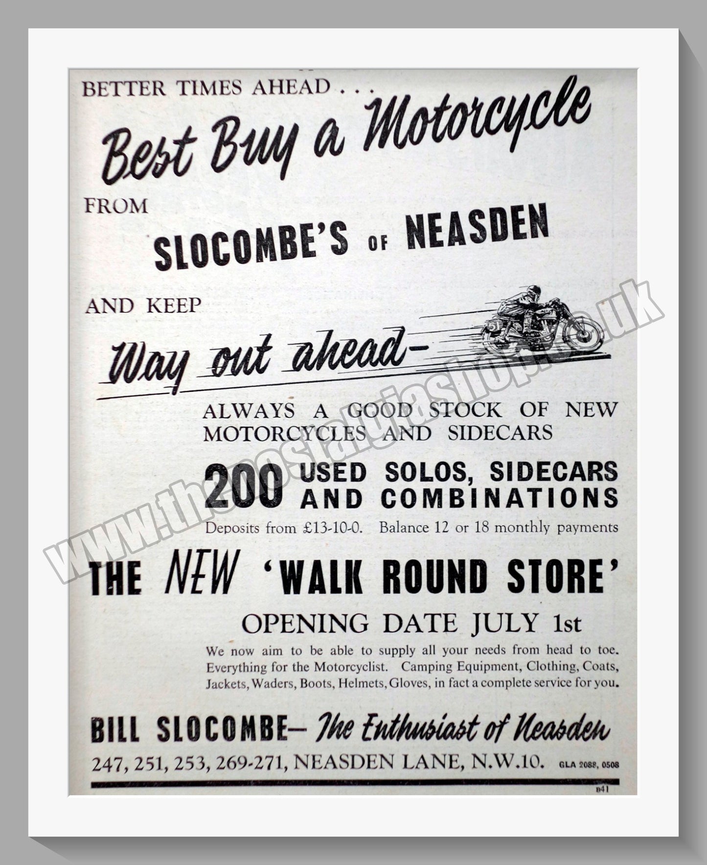 Slocombes of Neasden Motorcycle Dealerships. Original Advert 1953 (ref AD57315)