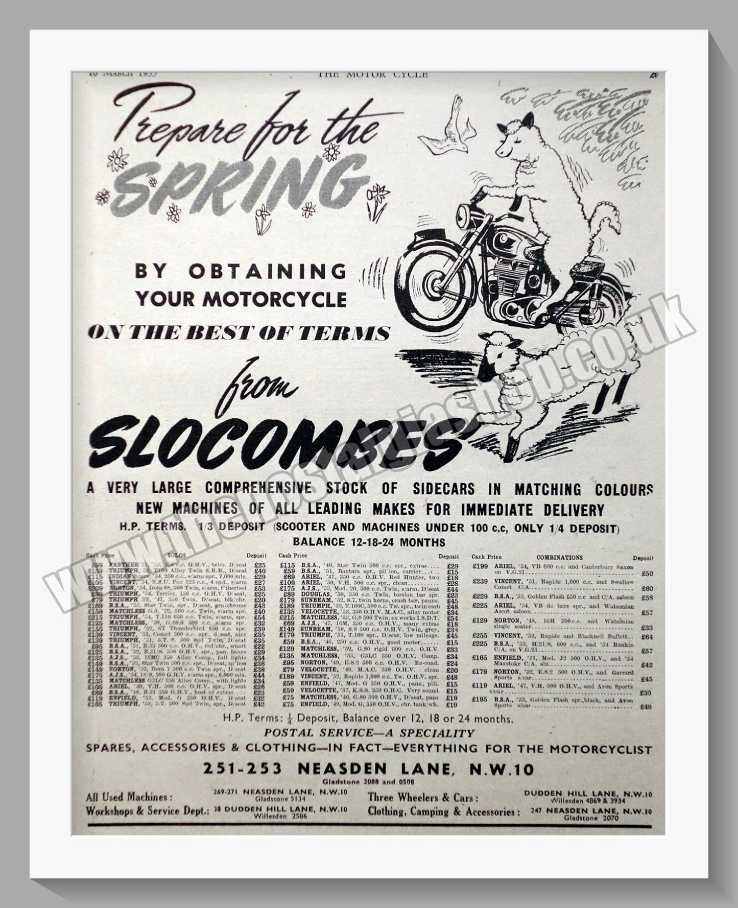 Slocombes of Neasden Motorcycle Dealerships. Original Advert 1955 (ref AD57316)