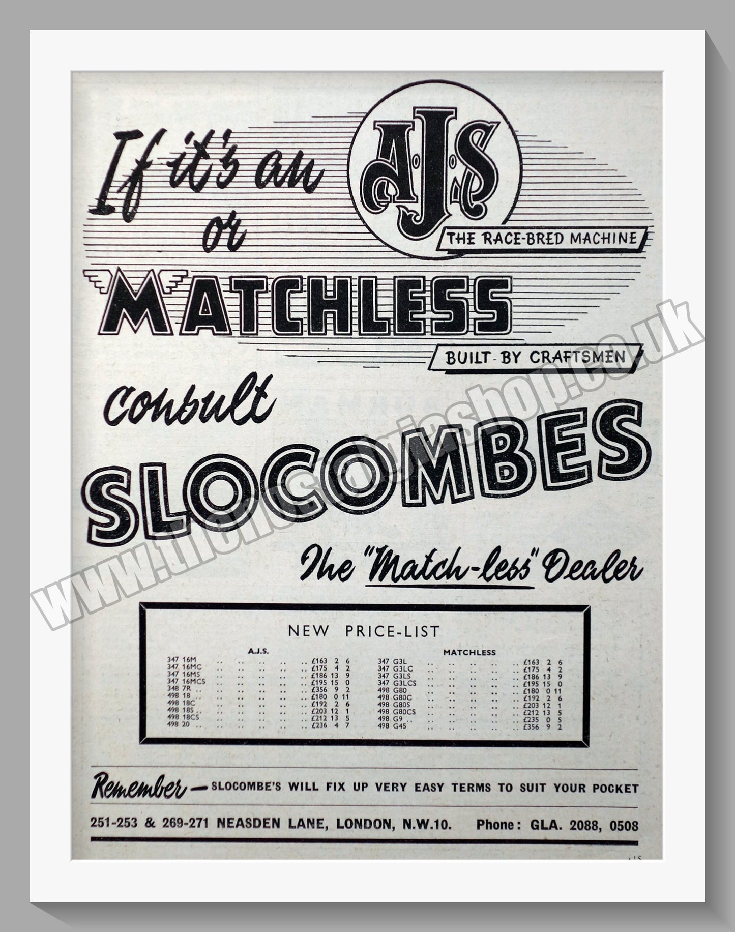 Slocombes of Neasden Motorcycle Dealerships. Original Advert 1953 (ref AD57317)