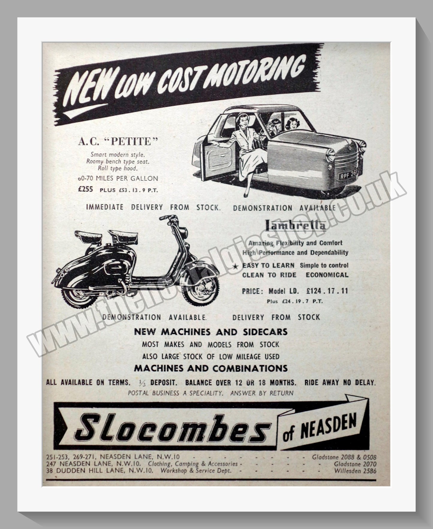 Slocombes of Neasden Motorcycle Dealerships. Original Advert 1954 (ref AD57318)