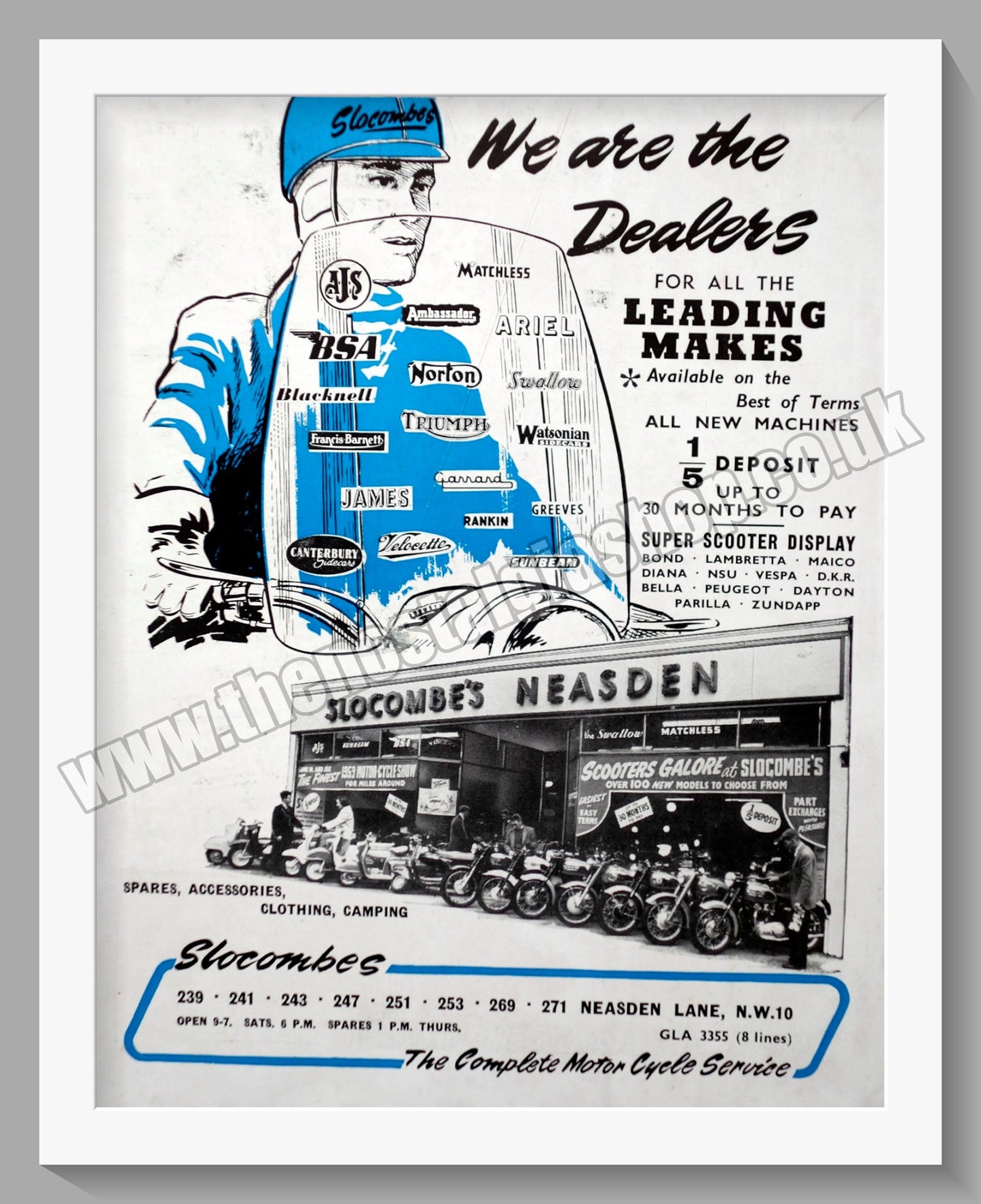 Slocombes of Neasden Motorcycle Dealerships. Original Advert 1958 (ref AD57321)