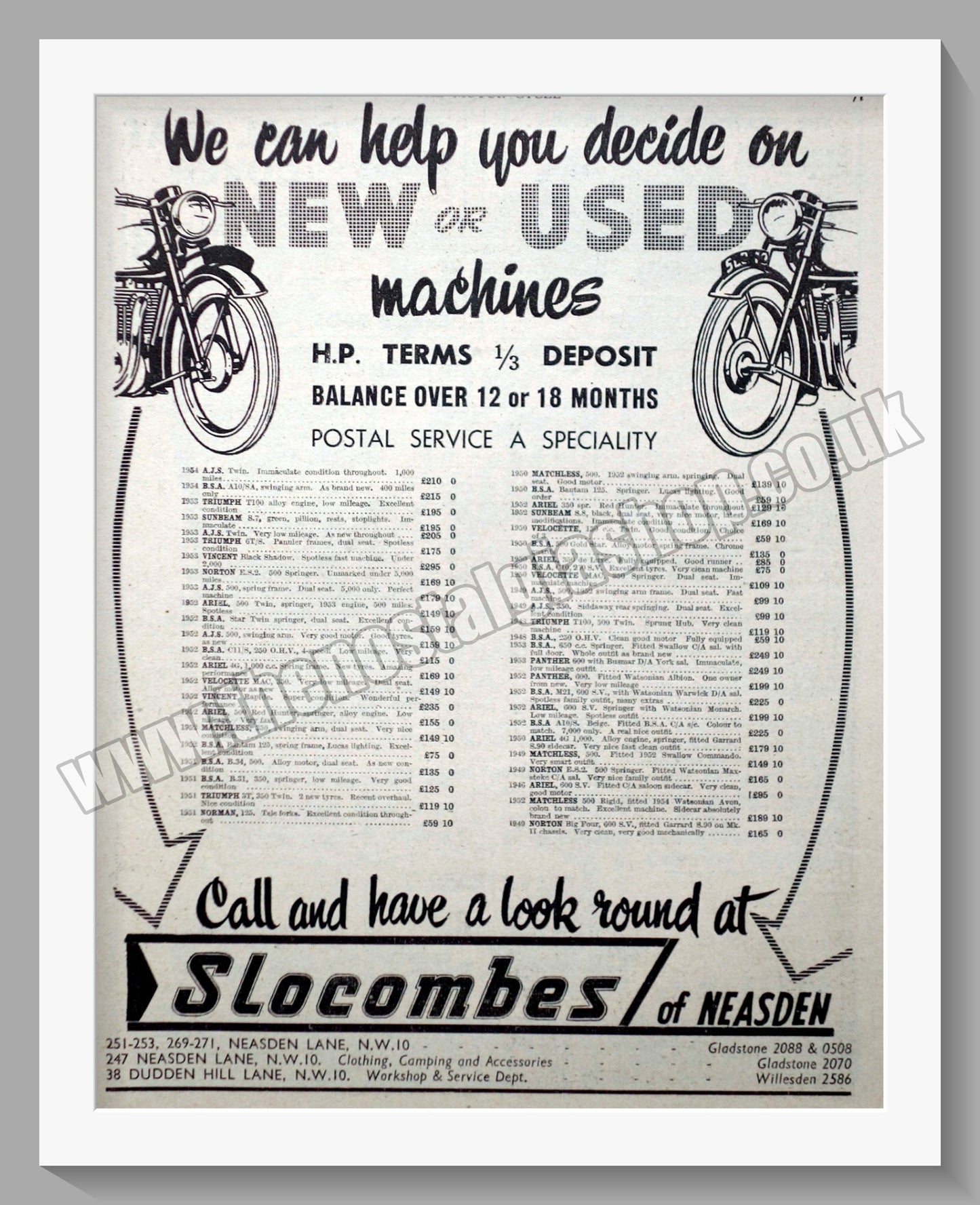 Slocombes of Neasden Motorcycle Dealerships. Original Advert 1954 (ref AD57322)