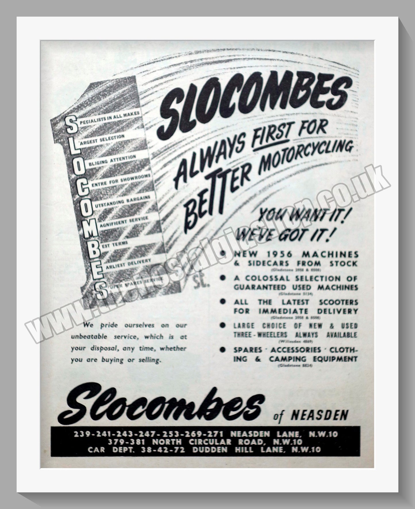 Slocombes of Neasden Motorcycle Dealerships. Original Advert 1956 (ref AD57323)